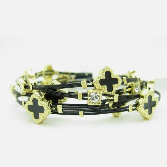 6 YELLOW GOLD STEEL TWO TONE STACKABLE CABLE BANGLE BLACK CLOVER BRACELETS - Picture 2 of 2